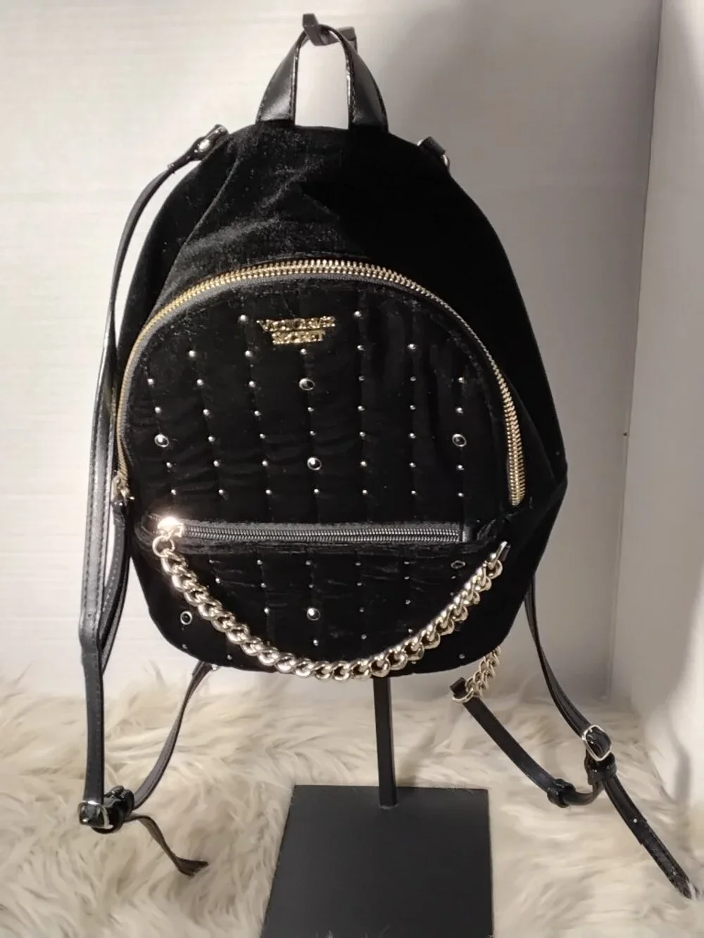 Victoria's Secret Black Velvet Mini Back Pack Gold Accents Adjustable Straps